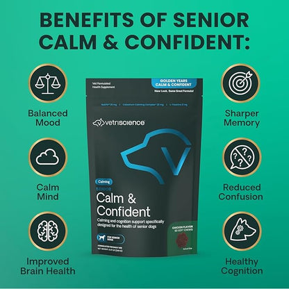VetriScience Senior Calm & Confident Soft Chews with Colostrum and L-Theanine, Golden Years Calming, Cognition and Brain Health, Sundowners Supplement for Senior Dogs, Chicken, 60 Count