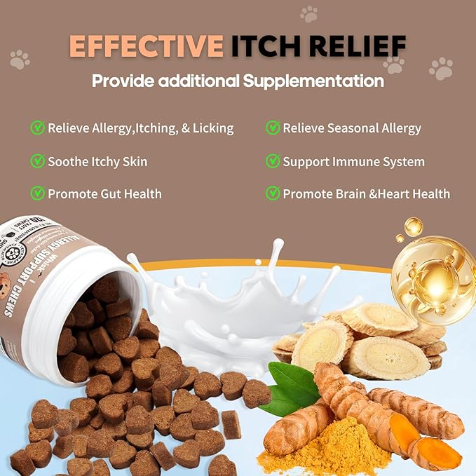 Dog Allergy Relief Chews Immune Support for Dogs with Probiotics for Itchy Skin and Hot Spots Allergies Relief, Paw Licking, Dry Skin & Coat Supplement Itching Relief Bites - 120 Ct