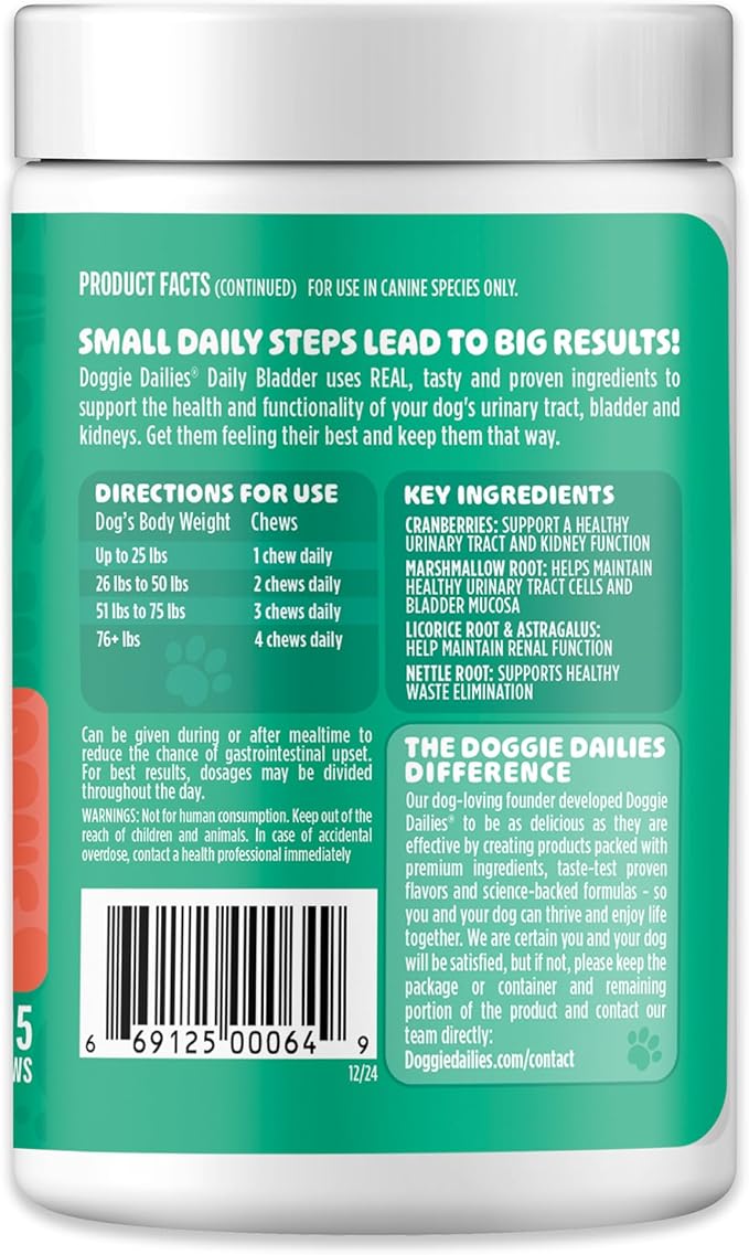 Doggie Dailies Cranberry Supplement for Dogs - Urinary Tract, Bladder & Kidney Support - Cranberry with Marshmallow Root, Licorice Root & Apple Cider Vinegar (Chicken) 225 Soft Chews