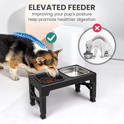 Niubya Elevated Dog Bowls, with Slow Feeder Bowl and Stainless Steel Dog Food Bowl, Raised Dog Bowls Adjusts to 5 Heights (3.15", 8.66", 9.84",11.02", 12.2") for Small Medium and Large Dogs