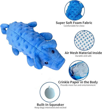 Squeaky Dog Toys Plush Dog Toy with Crinkle Paper Stuffed Durable Dog Chew Toys for Small Middle and Large Dogs Pig Blue