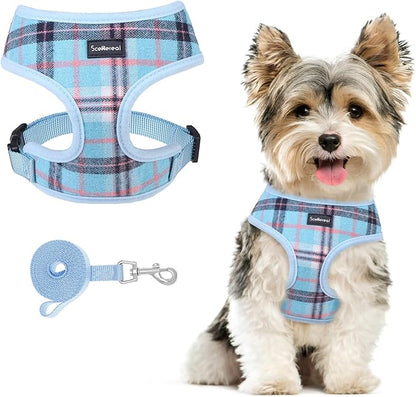 SCENEREAL Puppy Dog Harness with Leash Set for Small Medium Sized Dogs, Soft Mesh Pet Harnesses and Leash, No Chock Plaid Adjustable No Pull Vest for Dogs Cats, Chihuahua,Bulldog (Blue S)