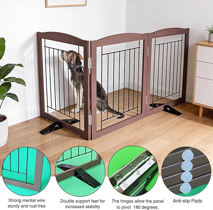 ZJSF Freestanding Dog Fence Indoor, Foldable Dog Gate for Doorways, Stairs or Hallways, Sturdy Wood Extra Wide Pet Gate with Support Feet for The House, Brown, 24 "Height-3 Panels