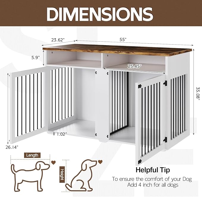 55'' Dog Crate Furniture for 2 Dogs, Wooden Dog Cage with Storage Compartment, Indoor Dog Kennel with 2 Doors for Large/Medium Dogs, White