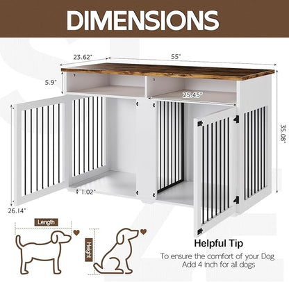 55'' Dog Crate Furniture for 2 Dogs, Wooden Dog Cage with Storage Compartment, Indoor Dog Kennel with 2 Doors for Large/Medium Dogs, White