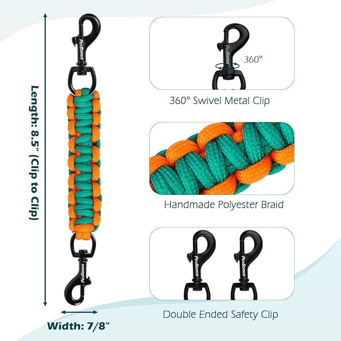 PetBonus Dog Collar Safety Clip, Handmade Backup Safety Strap for Dog Harness, Prong, Pinch Collar, Double Ended Clasp Leash Connector (Turquoise, Orange)