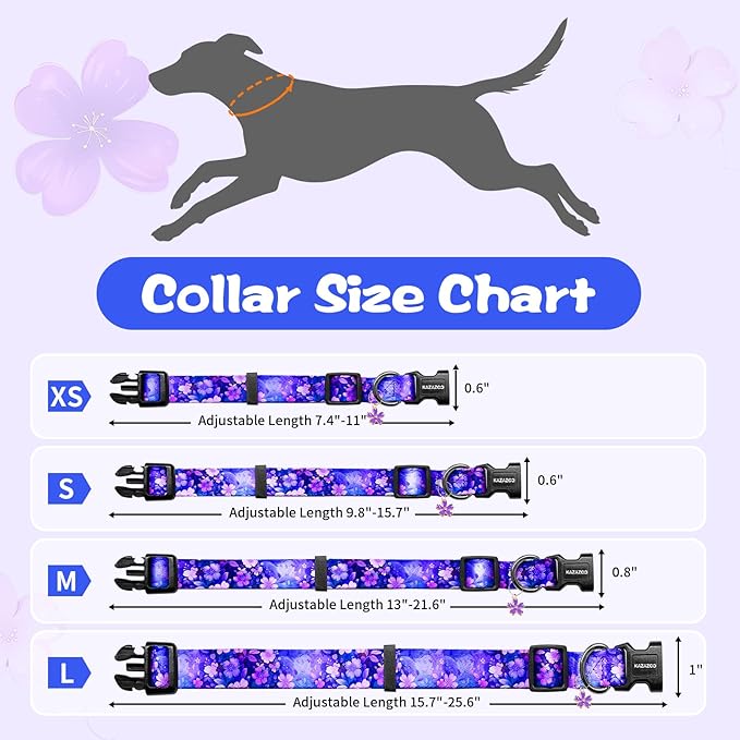 Kazazoo Dog Collar Cute and Soft Nylon Puppy Collar Girl, Adjustable Dog Collars for Small Medium Dogs, Purple Flowers-S