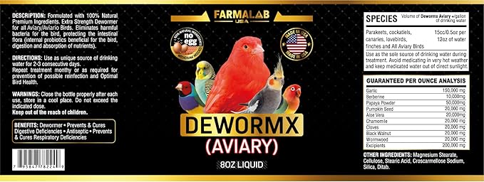 Farmalab Natural Dewormer No Withdraw Hens, Ducks, Roosters, Turkeys, Goose, Parakeets, Cockatiels, Lovebirds, Finches, Quakers, Pigeons, Palomas, Buchones, All Baby Chicks (8oz, Caged Birds Aviary)
