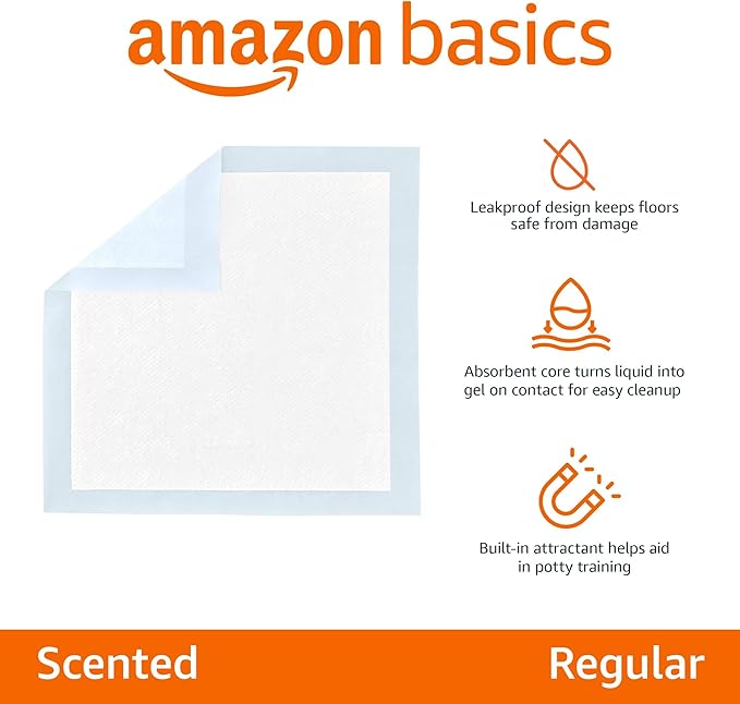 Amazon Basics Scented Dog and Puppy Pee Pads, 5-Layer Leak-Proof Super Absorbent, Quick-Dry Surface for Potty Training, Regular Size 22 x 22 inches, Blue & White, 30 Count