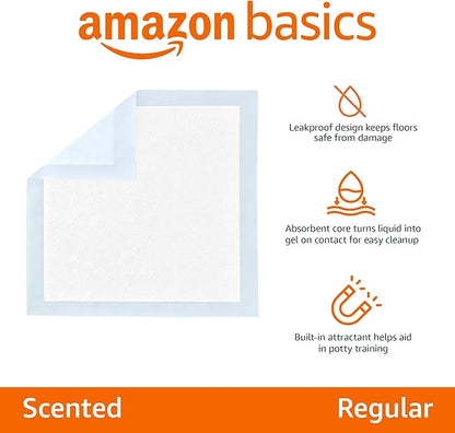 Amazon Basics Scented Dog and Puppy Potty Training Pee Pads, 5-Layer Leak-Proof Super Absorbent with Quick-Dry Surface, Regular Size 22 x 22 Inch, Blue, 150 Count