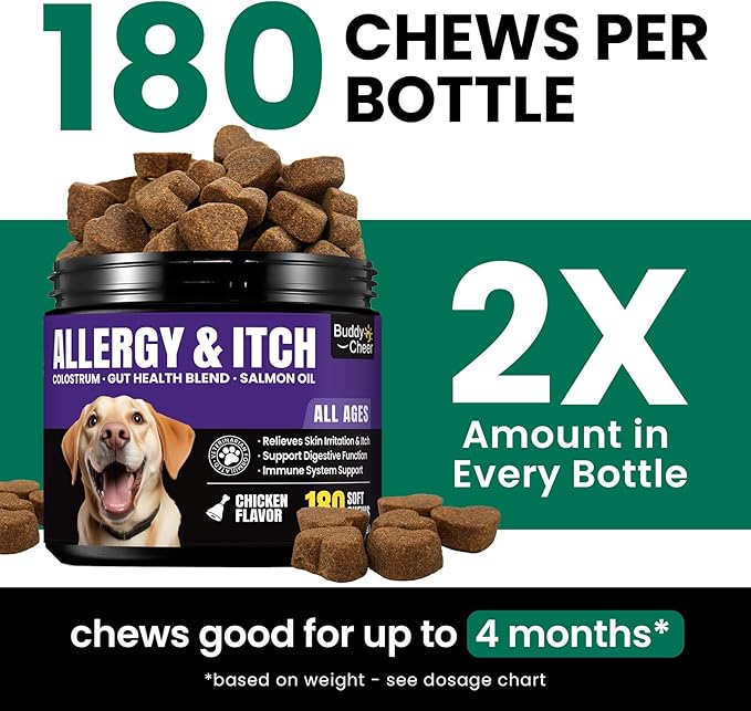 Allergy Relief Chews for Dogs – Anti-Itch, Hot Spot, Dry & Itchy Skin Support with Omega 3, Colostrum & Probiotics – 180 Soft Chews