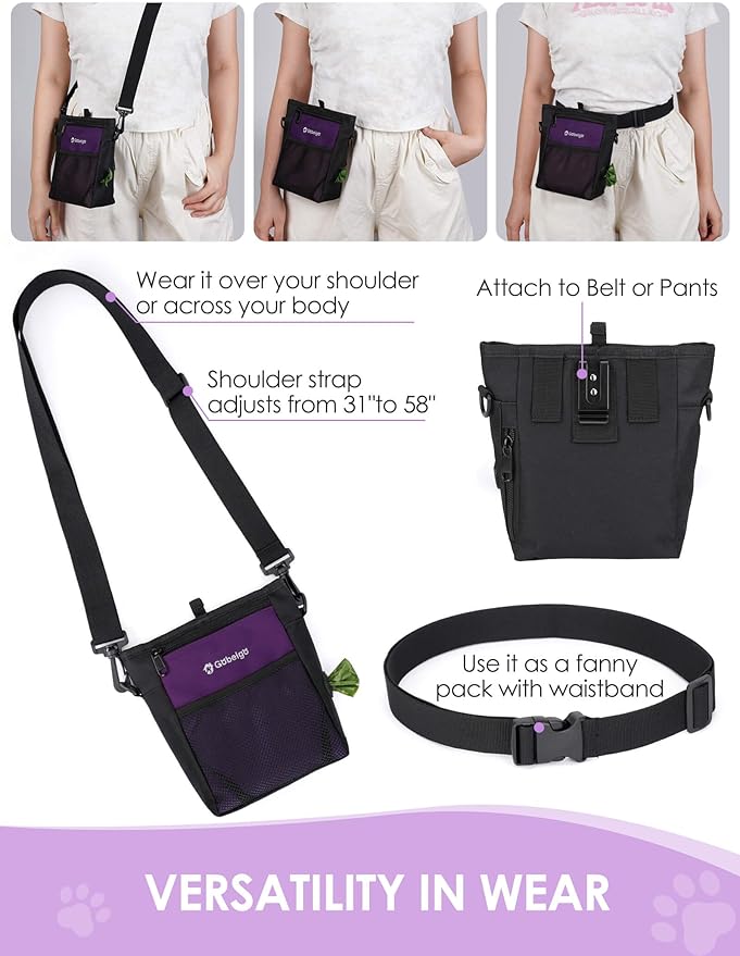 Gobeigo Dog Treat Pouch, Magnetic Closure & Sealable Silicone Bag Insert, 4-Cup Capacity – Belt Clip/Waist Belt/Crossbody Wear, Clicker Included – Great for Pet Training & Walking (Purple)