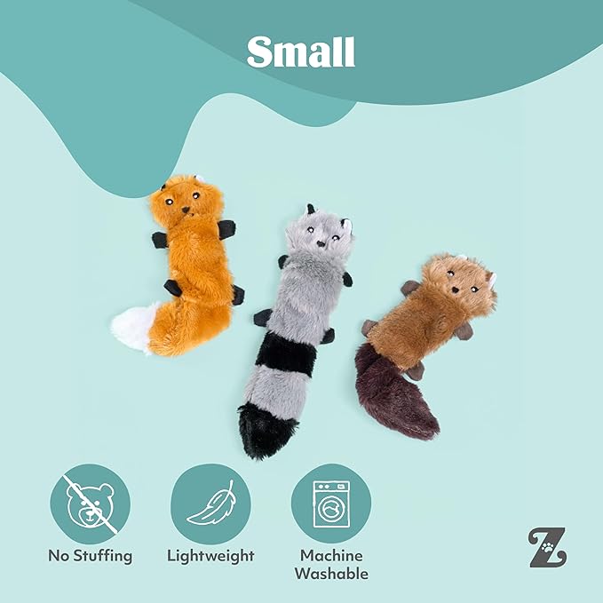 ZippyPaws Skinny Peltz - No Stuffing Dog Toy Pack to Keep Them Busy, for Small and Medium Dogs, Squeaky Pet Toys, Unstuffed Chew Toys, Soft Plush Variety Pack, Fox, Raccoon, and Squirrel - 11"