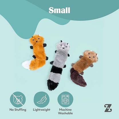 ZippyPaws Skinny Peltz - No Stuffing Dog Toy Pack to Keep Them Busy, for Small and Medium Dogs, Squeaky Pet Toys, Unstuffed Chew Toys, Soft Plush Variety Pack, Fox, Raccoon, and Squirrel - 11"