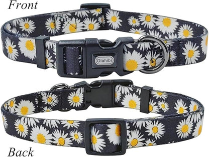 Dog Collar and Leash Set, Cute Daisy Pattern, Polyester Material, 5ft Leash, for Medium Dogs.(Medium,Black Daisy)