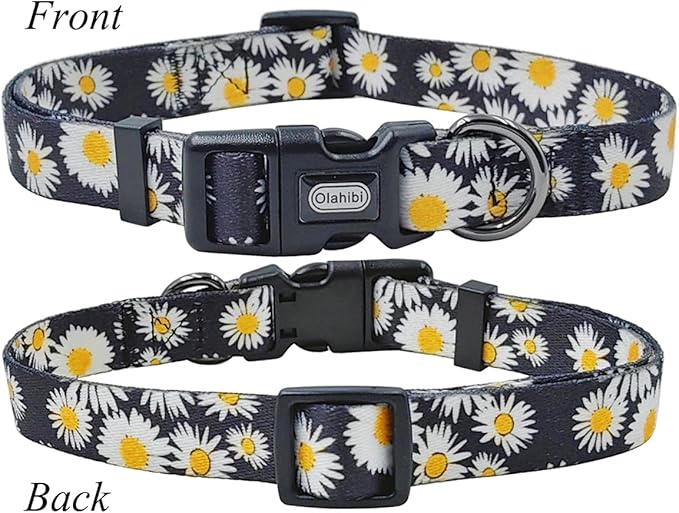 Dog Collar and Leash Set, Cute Daisy Pattern, Polyester Material, 5ft Leash, for Large Dogs.(Large,Black Daisy)