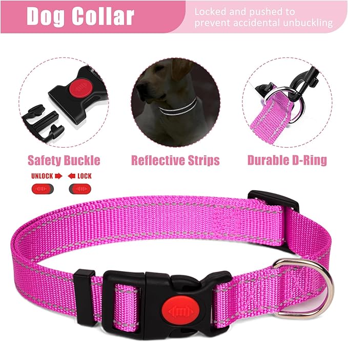No Pull Dog Harness Adjustable Collar & Leash Set - Dog Halter Harnesses Collapsible Bowls & Poop Bag Dispenser Muzzle ID Tags Toys Fits Small Medium Large Dogs (Pink-L)