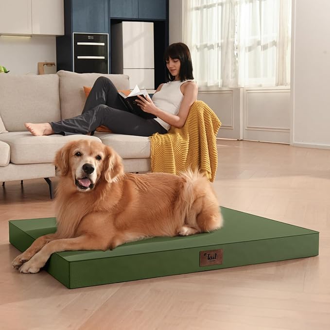 Outdoor Extra Large Dog Bed, Jumbo Waterproof Dog Bed for Large Dogs, Orthopedic Egg Crate Foam Pet Mat with Removable Oxford Cooling Cover, Amy Green