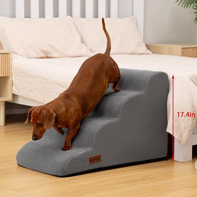 Aodisman Dog Steps for Bed, 4-Step Dog Stairs Ramp for Small Dogs and Cats, Indoor Non-Slip Pet Stairs Suitable for Older, Short-Legged, and Puppy Dogs to Climb onto High Beds and Couch, 17.4" H,Grey