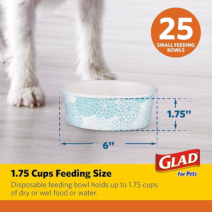 Glad Pets Disposable Small Dog Bowls, Teal Pattern, 1.75 Cup Feeding Size Leakproof and Dishwasher Safe (Pack of 4, 100 Count Total)
