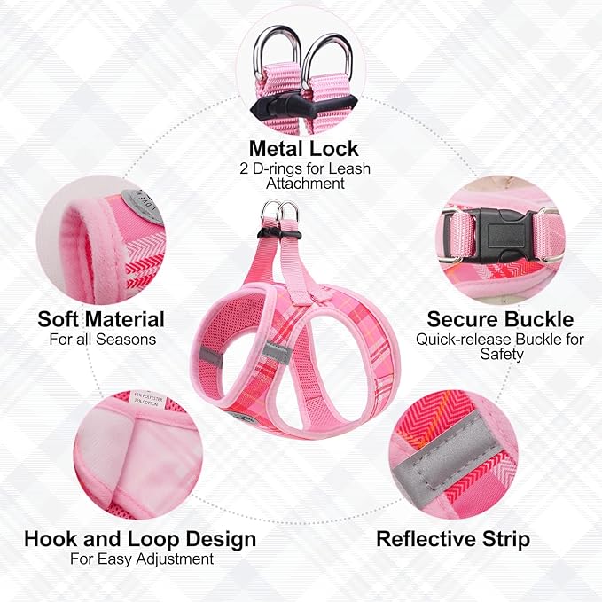 BEAUTYZOO Small Dog Harness and Leash Set, Step in No Choke No Pull Soft Mesh Dog Harnesses Reflective for Small Medium Puppy Dogs and Cats, Plaid Dog Vest Harness for S M Pets, Light Pink S