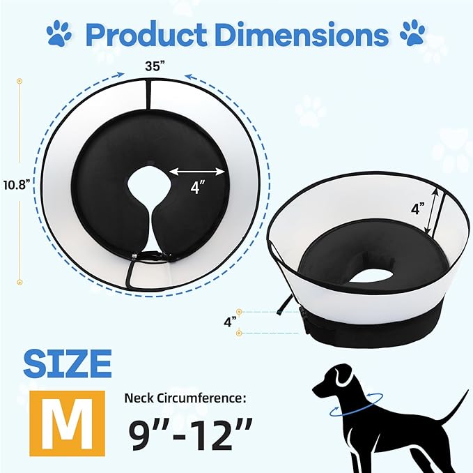 2-in-1 Upgraded Inflatable Dog Cone Collar with Detachable Anti-Licking Shield, Soft Adjustable Elizabethan Collar for Dogs After Surgery (M, Black)