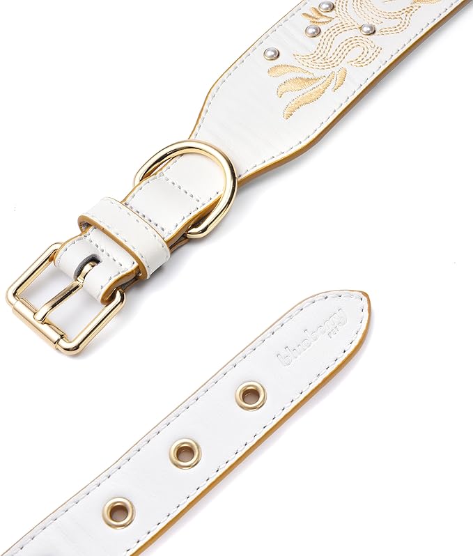 Blueberry Pet Western Dog Collar in Pearl White - Genuine Leather Dog Collars for Medium Dogs & Large Dogs with Floral Embroidery, Adjustable 18-22 Inch, Cowboy Style, Pearl Studs
