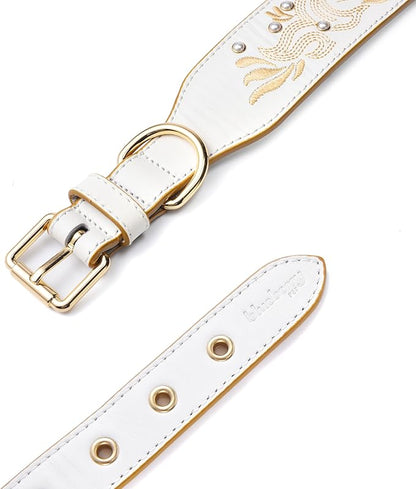 Blueberry Pet Western Dog Collar in Pearl White - Genuine Leather Dog Collars for Medium Dogs & Large Dogs with Floral Embroidery, Adjustable 18-22 Inch, Cowboy Style, Pearl Studs