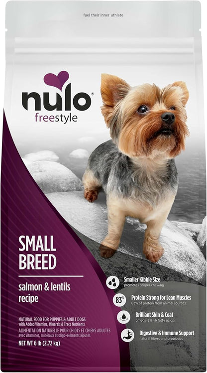 Nulo FreeStyle Small Breed Dog Food Dry - Salmon & Lentils, Puppy & Adult Grain Free Dog Food, Natural, High Protein, Smaller Sized Kibble with BC30 Probiotic for Healthy Digestion Support, 6lb Bag