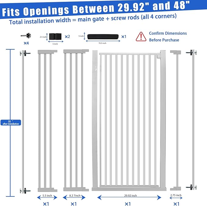 SHYUJAJIE 55 Inch Extra Tall Pet Gate for Cats,29.92"-48" Adjustable Wide Dog Gates,Pressure Mounted Walk Through Tall Pets Gate for Doorways,Hallway,Stairs(White)