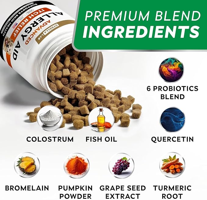 StrellaLab Dog Allergy Relief & Anti Itch Support Chews w/Omega 3: Real Ingredients, Real Taste! Skin & Coat Immune Supplement w/Fish Oil, Pumpkin & Enzymes — Developed by Experts - Made in USA -120Ct