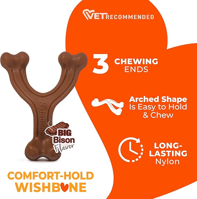 Nylabone Ergonomic Hold Wishbone Power Chew Toy for Dogs, Dog Toys for Aggressive Chewers, Bison Flavor, Large - Up to 50 lbs, 1 Count