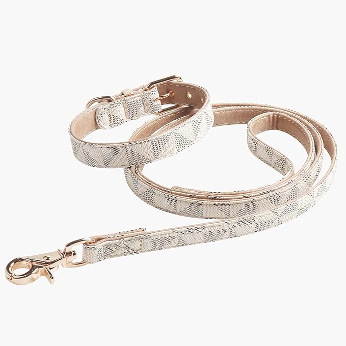 Dog Leather Collar and 4 ft Leash, KUDES Adjustable Basic Collar with Bell Checkered Pattern Durable Leather Collar and Leash with Metal Buckle for Small Medium Large Dogs