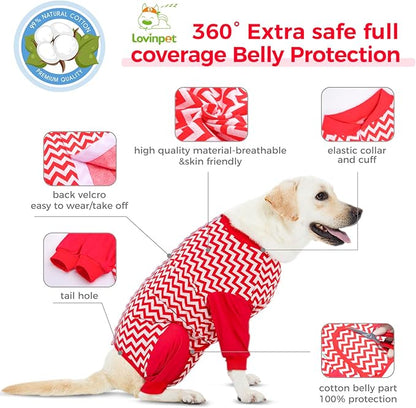 LovinPet Dog Recovery Suit for Large Medium Dogs - Cut-Out Design of Abdomen Recover Comfortably Well Protection Pet Onesie Suit Pet Pajamas Dog Anti Licking Bodysuit,Red Wave Pattern,L