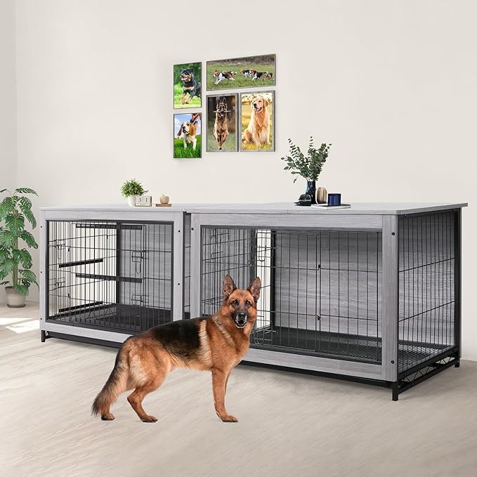 TLSUNNY Dog Crate Furniture, 44.1" Wooden Dog Kennel Indoor with 2 Doors, Heavy-Duty Dog Cage with Removable Tray, End Side Table, Modern Dog House for Large/Medium/Small Dogs, Grey
