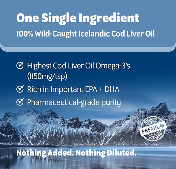 Wild-Caught Pure Icelandic Cod Liver Oil for Dogs & Cats,1150 mg Omega-3 per TSP, High EPA & DHA, Natural Vitamins A & D, Supports Healthy Skin & Coat & Mobility, Single-Ingredient, 100% Pure