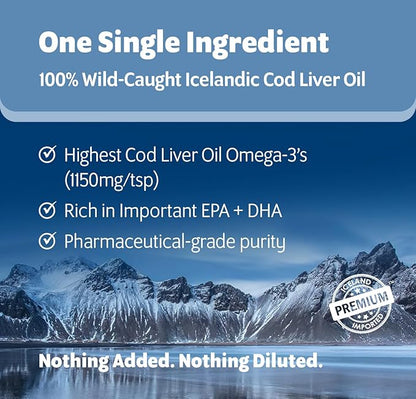 Wild-Caught Pure Icelandic Cod Liver Oil for Dogs & Cats,1150 mg Omega-3 per TSP, High EPA & DHA, Natural Vitamins A & D, Supports Healthy Skin & Coat & Mobility, Single-Ingredient, 100% Pure