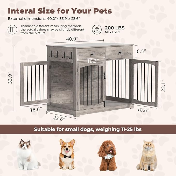 Dog Crate Furniture, Wooden Dog Kennel Furniture, Heavy-Duty Dog Crate End Table with Storage Drawers, Double Doors Decorative Pet Cage House Indoor for Small Medium Dog, 40Inch, Gray
