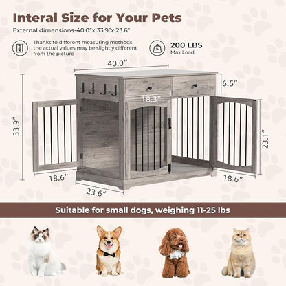 Dog Crate Furniture, Wooden Dog Kennel Furniture, Heavy-Duty Dog Crate End Table with Storage Drawers, Double Doors Decorative Pet Cage House Indoor for Small Medium Dog, 40Inch, Gray
