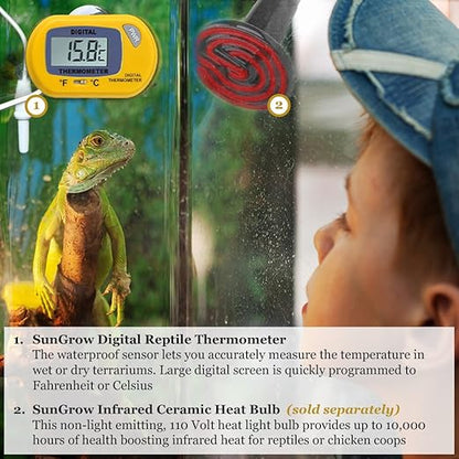 SunGrow Reptile Digital Thermometer Terrarium Temperature Monitor with Suction Cup Mount, Accurate Fahrenheit Celsius Switch, Thermostat Gauge for Bearded Dragon, Snake, Gecko Enclosure Tank