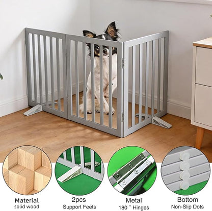 ZJSF Freestanding Indoor Dog Gate for House Foldable Wood Puppy Gate for Doorways Pet Gate for Stairs Extra Wide Pet Fence, Grey, 32" Height 3 Panels