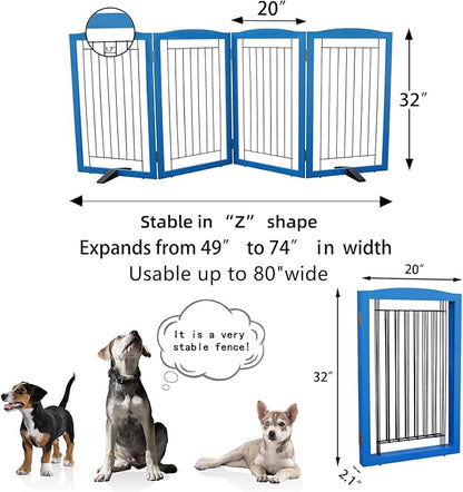 ZJSF Freestanding Dog Fence Indoor, Foldable Dog Gate for Doorways, Stairs or Hallways, Sturdy Wood Extra Wide Pet Gate with Support Feet for The House, Blue, 32 "Height-4 Panels