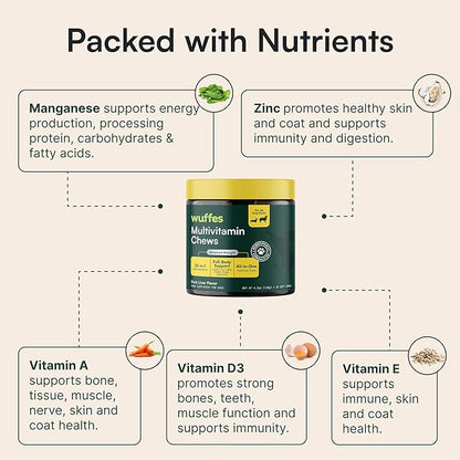 Wuffes 23-in-1 Dog Multivitamin Supplement for Hip & Joint, Skin & Coat and Immune System Support with Omega 3, Iron, Zinc, Vitamin C - Minerals & Vitamins for Senior Dogs and Puppies - 60 Soft Chews