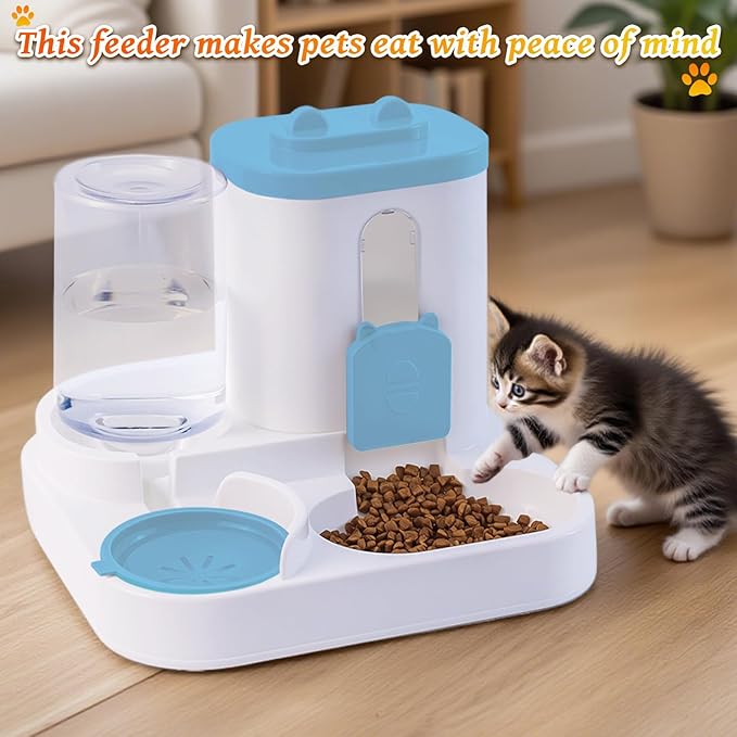 Gravity Cat Feeder and Water Dispenser, 2 in 1 Automatic Cat Feeder, 2 Pack Large Capacity Self Feeding for Small Medium Dog Puppy Kitten （Blue）