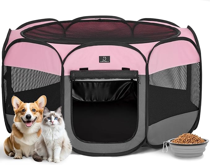 Dog Playpen for Small Dogs & Puppies, 40.55" Portable Indoor Outdoor Puppy Playpen with Bowl, Waterproof Floor, Foldable Pop-Up Pet Pen for Home, Travel & Daily Use, Pink+Grey