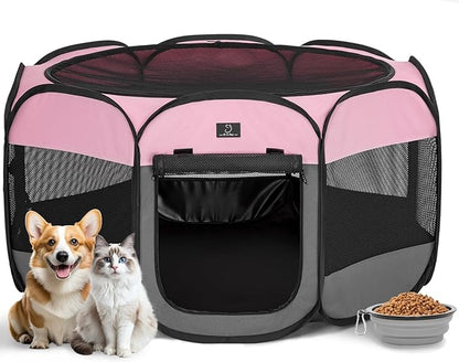 Dog Playpen for Small Dogs & Puppies, 40.55" Portable Indoor Outdoor Puppy Playpen with Bowl, Waterproof Floor, Foldable Pop-Up Pet Pen for Home, Travel & Daily Use, Pink+Grey