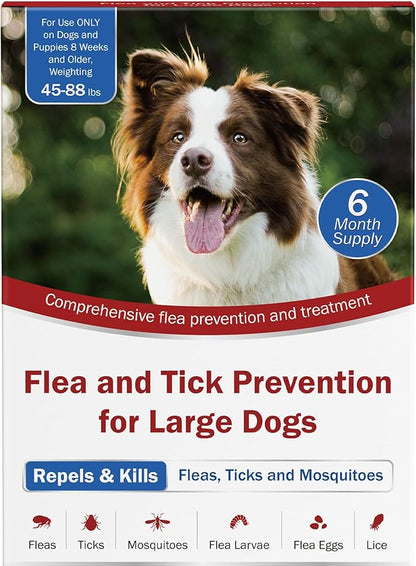 Flea and Tick Prevention for Dogs, 6-Month Supply, Dog Flea Control, Repellent, 44–88 lbs, 24-Hour Protect, Flea Supplements for Dogs, Nutritional Supplements