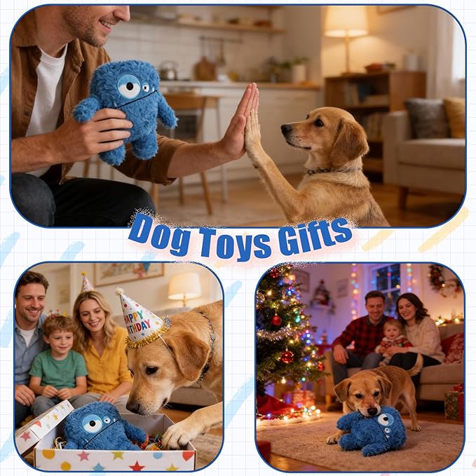 Plush Squeaky Dog Toy, Crinkle Stuffed Dog Toy Keep Them Busy Tug of War Birthday Dog Chew Toy for Small Medium Large Dogs (Blue)