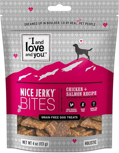 I and love and you Nice Jerky Bites - Chicken + Salmon - Grain Free, Real Beef, Training Treat, Chewy Dog Treats, Filler Free, 4oz