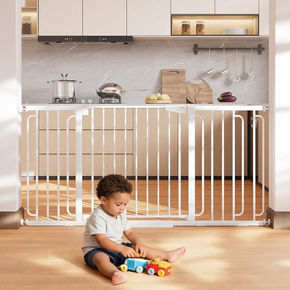 Cumbor 36.6-64" Extra Wide Baby Gate for Stairs, Dog Gates for Doorways, Auto-Close Pet Gate Indoor, Pressure Mounted Walk Through Safety Child Gate for Kids Toddler, Tall Pet Puppy Fence Gate, White
